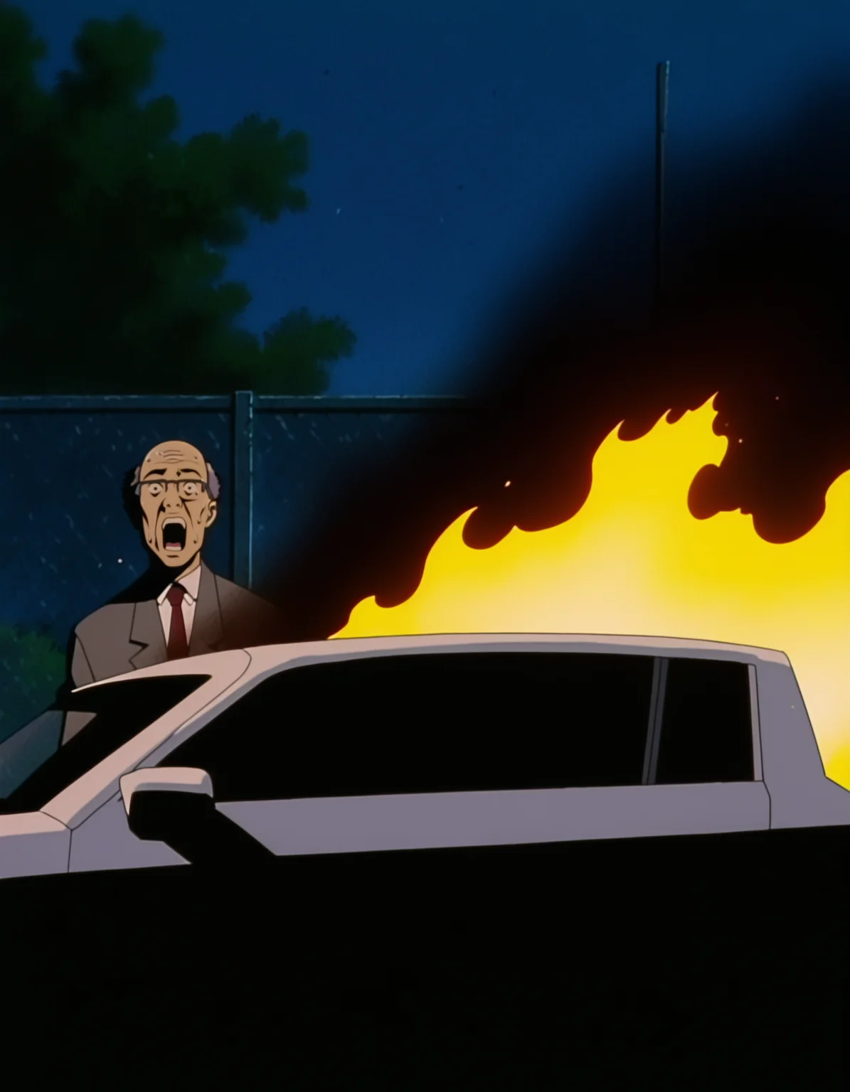 pixel-perfect masterpiece, best quality, highres, highly detailed, parody, outdoors, white car, burning car, school yard,
1boy, Vice Principal, surprised, open mouth, glasses, sweat, balding, male focus,
skin texture, textured,
anime screenshot, (artist: sabudenego:0.6), (by abara heiki:0.4), by higashiyama shou, (by incase:0.4),
<lora:Great Teacher Onizuka 2.0 Illustrious-000063:0.8>