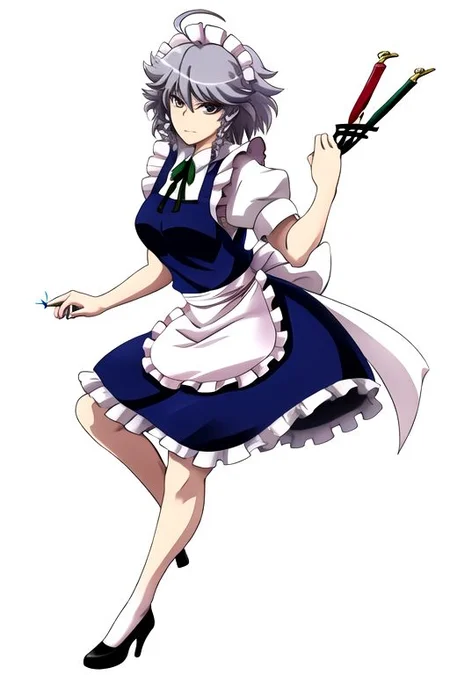 izayoi sakuya, 
1girl, ahoge, apron, between fingers, blue dress, bow, braid, brown eyes, dress, frilled dress, frills, green bow, grey hair, hair ribbon, high heels, holding, holding knife, holster, knife, knife sheath, knives between fingers, legs, maid, maid apron, maid headdress, puffy short sleeves, puffy sleeves, ribbon, sheath, short hair with long locks, short sleeves, signature, simple background, solo, thigh holster, thighs, tress ribbon, twin braids, v-shaped eyebrows, white apron, white background, 
masterpiece, best quality, very aesthetic, absurdres, pixiv, anime coloring