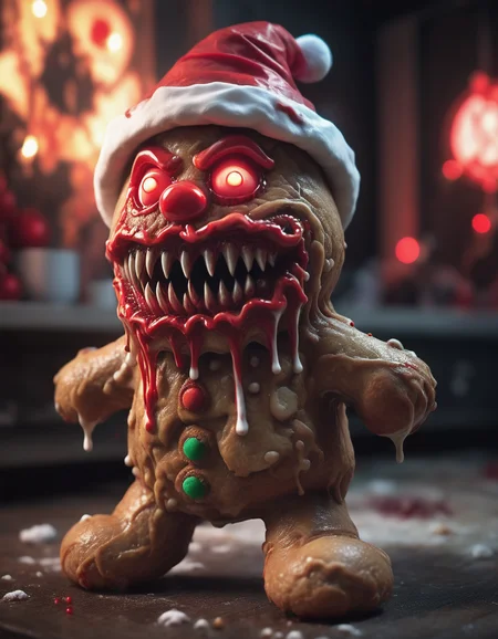 fantasy monster concept art, evil christmas gingerbread man cookie, santa hat, dynamic lighting, photorealistic, trending on art station, stunning visuals, creative, cinematic, ultra detailed, atmospherical, ambient lighting, scary art high budget, bokeh, cinemascope, moody, epic, gorgeous, film grain, Eerie, unsettling, dark, spooky, suspenseful, grim, highly detailed