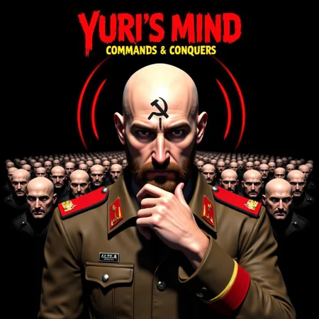 realistic, digital art poster, title red text:"Yuri's Mind" 2nd line yellow text:"Commands & Conquers", Udo Kier mature bald without any hair on head, no eyebrows, shaved eyebrows, gray eyes, eyes wide open, serious intimidating ,pursed lips, brown Van Dyck facial hair style (long goatee & moustache), tattoo on center forehead Gray text:"רו﷿", enlarged forehead, metal band on tip of head , hand on chin. portrait pose, looks at viewer, side pose,shoulder turned to viewer,  he is wearing brown soviet military uniform with red shoulder straps from Red Alert 2,  red radio waves circle lines are coming from his head .  Behind and below him there are many lines of bald men with head down, shadow cover their faces . black background or military world map.
aidmaTextImprover