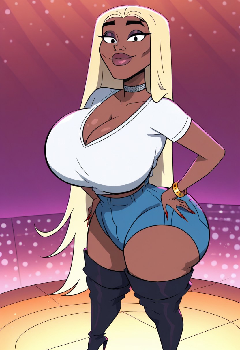 score_9, score_8_up, score_7_up,masterpiece,sole female,perfect face,perfect eyes,looking at viewer,show accurate ,1girl,solo,Danita's character from Good Times, Good Times style,red nails,blonde hair, fingernails, nail polish,makeup,  dark-skinned female, dark skin, hourglass figure,cheekbone,black eyes,black iris,
smile,open eyes,closed mouth
front view,face focus,close up,portrait,upper body only,face focus only
white shirt,crop top, thigh boots, cleavage, bracelet,blue shorts,high heels, high heel boots,thigh highs,
jewelry
huge breasts,round breasts,huge ass,round ass,, 
hands on hips,sweating