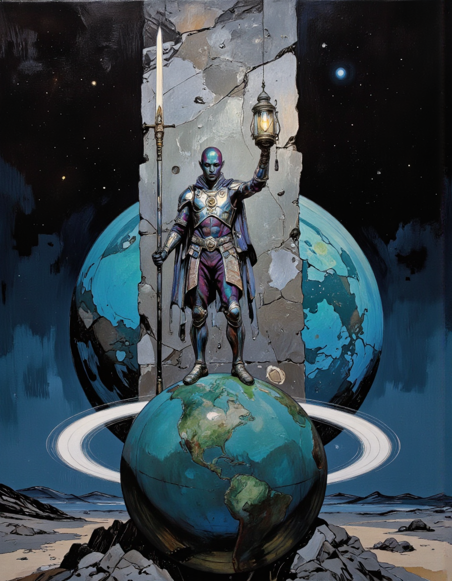 An alien with black and purple skin, wearing ornate silver armor and holding up a lantern that he stands on top of a blue-green gas giant with rings. The atmosphere is dark and gothic, and in his hand is a long polearm weapon with a sharp blade that glows with a white light. The alien planet landscape features a massive gray stone wall looming behind him, with a low angle view from below and a low-resolution background. The sky is a dark blue. <lora:Comic_book_opus_3:1>
