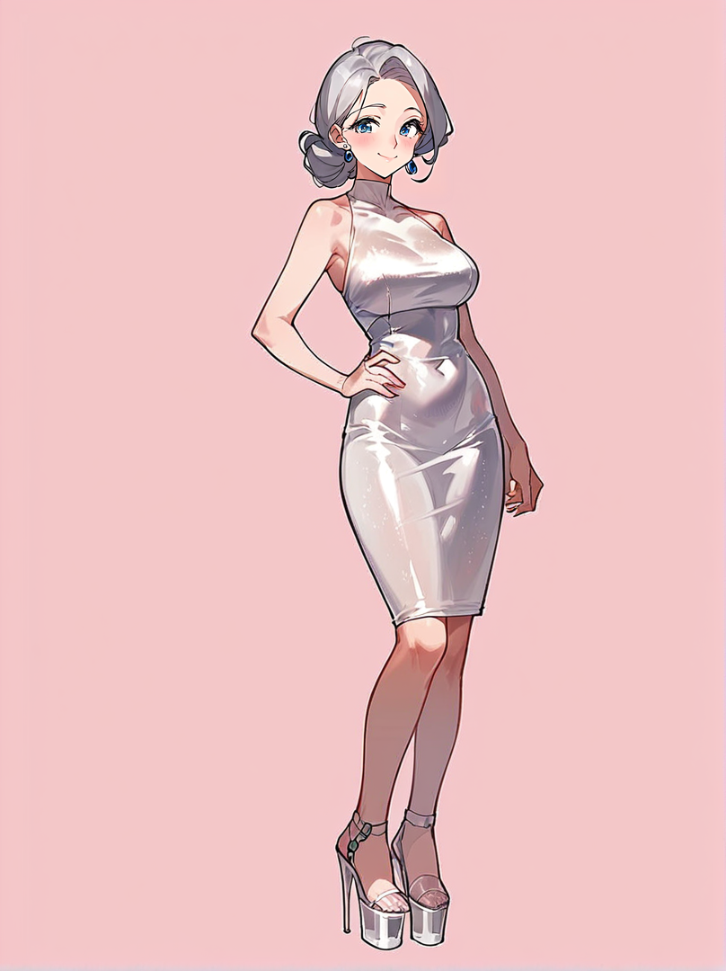 score_8_up, score_7_up, score_6_up, source_anime, 1girl, solo, simple background, pink background,
standing, pose, contrapposto, arched back, facing viewer, (full body:1.5)
smile, mature female
bodycon dress, silver dress
transparent footwear, platform heels  <lora:Transparent_Heels:1>