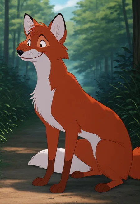core_9, score_8_up, score_7_up, score_6_up, score_5_up, score_4_up, detailed background, detailed face, 1boy, solo, male, adult fox, tod, cartoon, white color at the end of the tail, furry, red, 2d, disney style, white belly, animation, fox tail, fox, long body
