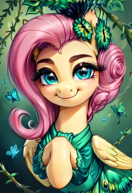 masterpiece, score_9, score_8_up, score_7_up, score_6_up, (best quality:1.1), ultra-detailed, high resolution, (solo), (1WOMAN), (FERAL PONY), (PEGASUS PONY), (FLUTTERSHY) ((light pink hair:1.4)), (highly detailed hair:1.4), (green feather hair accessory:1.4), (highly detailed pony face:1.5), (beautiful detailed turquoise eyes:1.5), (soft smile:1.5), (wide cute innocent eyes:1.5), (long lashes eyelashes:1.5), (detailed pony nuzzle:1.5), (detailed pony ears:1.5), (light yellow shiny skin:1.5),(green peacock feather dress:1.5), (detailed golden lighting:1.5), (green feather peacock background:1.5), (green butterflies background:1.5), (green vine leafs framing the image:1.5), (green feathers all around:1.4), (dynamic pose:1.5), (golden lighting:1.5), high quality, sharp, the quality of ai art is frightening, highly detailed, Highly Visible, sharp focus, high detail, detailed background