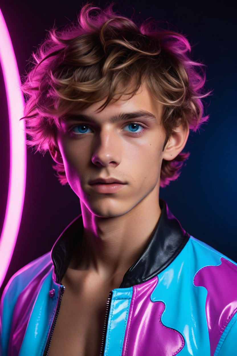 19yo (psychedelic dreamland:1.4) skinny male model twink (candyland:1.4), pink, wild hair, smooth, leather, neon lighting, light-blue-eyes, (Chiaroscuro, Filmgrain, Cinematic LUT), <lora:sdxl_lightning_8step_lora:1>