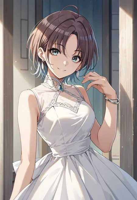 score_9, score_8_up, score_7_up, source_anime,asakura toru, short hair, brown hair, blue hair, blue eyes, 1girl, solo, dress, looking at viewer, ahoge, jewelry, earrings, smile, white dress, parted bangs, bracelet, sleeveless dress