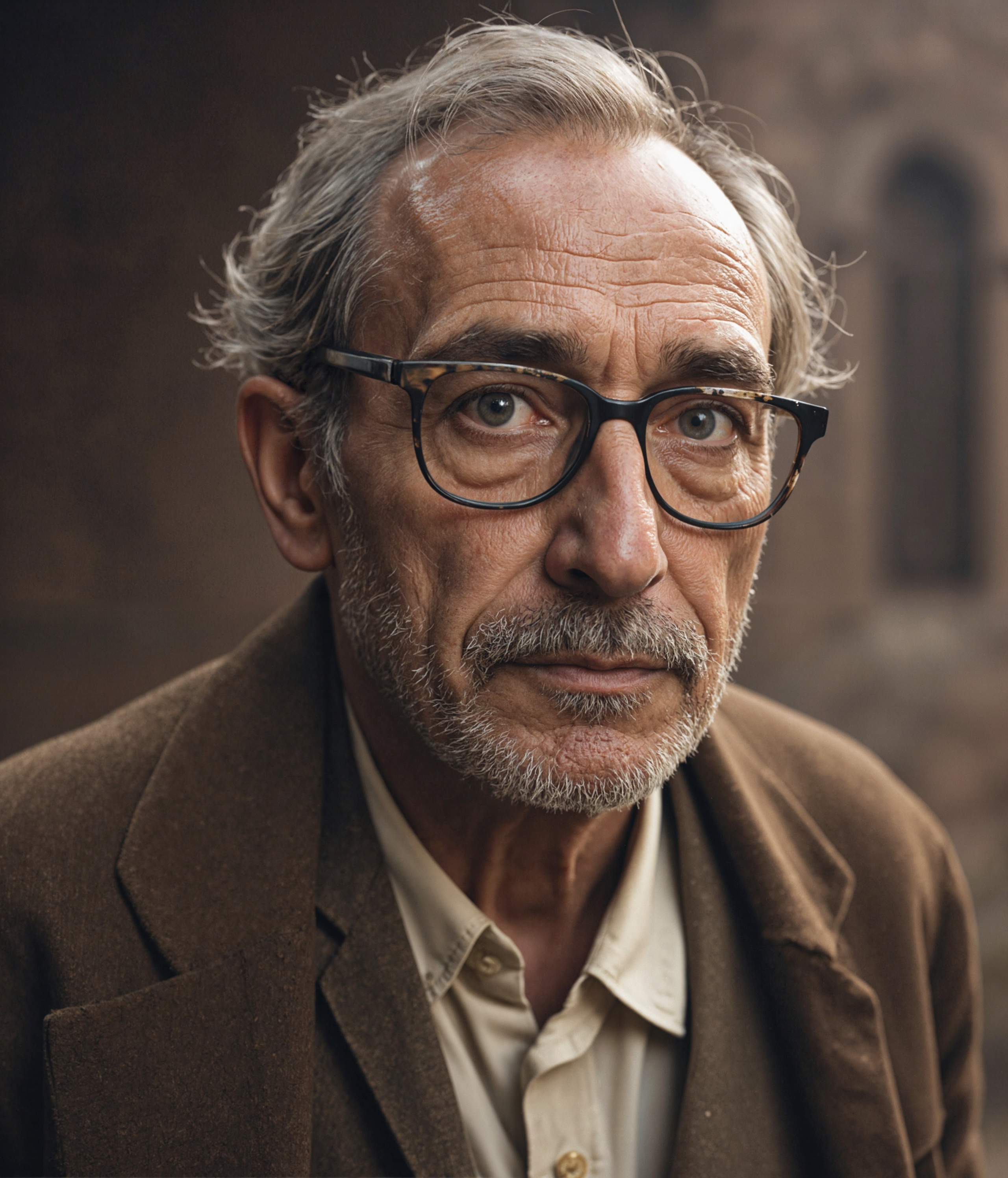 An Medium shot of an elderly Arabic man with a thin, wrinkled face, deep in thought as he gazes directly into the camera, his penetrating eyes revealing a world of secrets and untold stories. His thinning hair is slightly disheveled, and he wears thick glasses that enhance the intensity of his expression. The soft lighting accentuates the contours of his face, highlighting the deep lines that tell tales of wisdom and experience. His attire—a worn brown suit paired with a crisp white shirt—suggests a sense of timelessness. The background is softly blurred, enhancing his figure and creating an atmosphere of quiet contemplation, as if he is reflecting on life’s profound mysteries while inviting the viewer to share in his silent journey.
