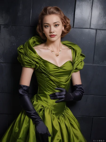 1girl, <lora:DA_CindKateDress_pony_v1:1> satin green dress, satin gloves, bolero, short sleeves, dark empty room, big black metal tiles wall,
(score_9, score_8_up:1.1),score_7_up,score_6,raw photo, photorealistic, realistic, slim body, small breast, wide shoulder,