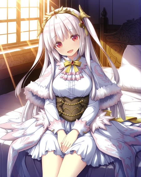 <lora:Lilica:0.8>,lilica,medium breasts,white hair,long hair,bangs,red eyes,two side up,tiara,base outfit,on bed,sitting,hands on lap,head tilt,light rays,sunlight,dappled sunlight,window,sunrise,:D,, masterpiece,best quality,amazing quality, very aesthetic, absurdres,detailed eyes,ultra-detailed,