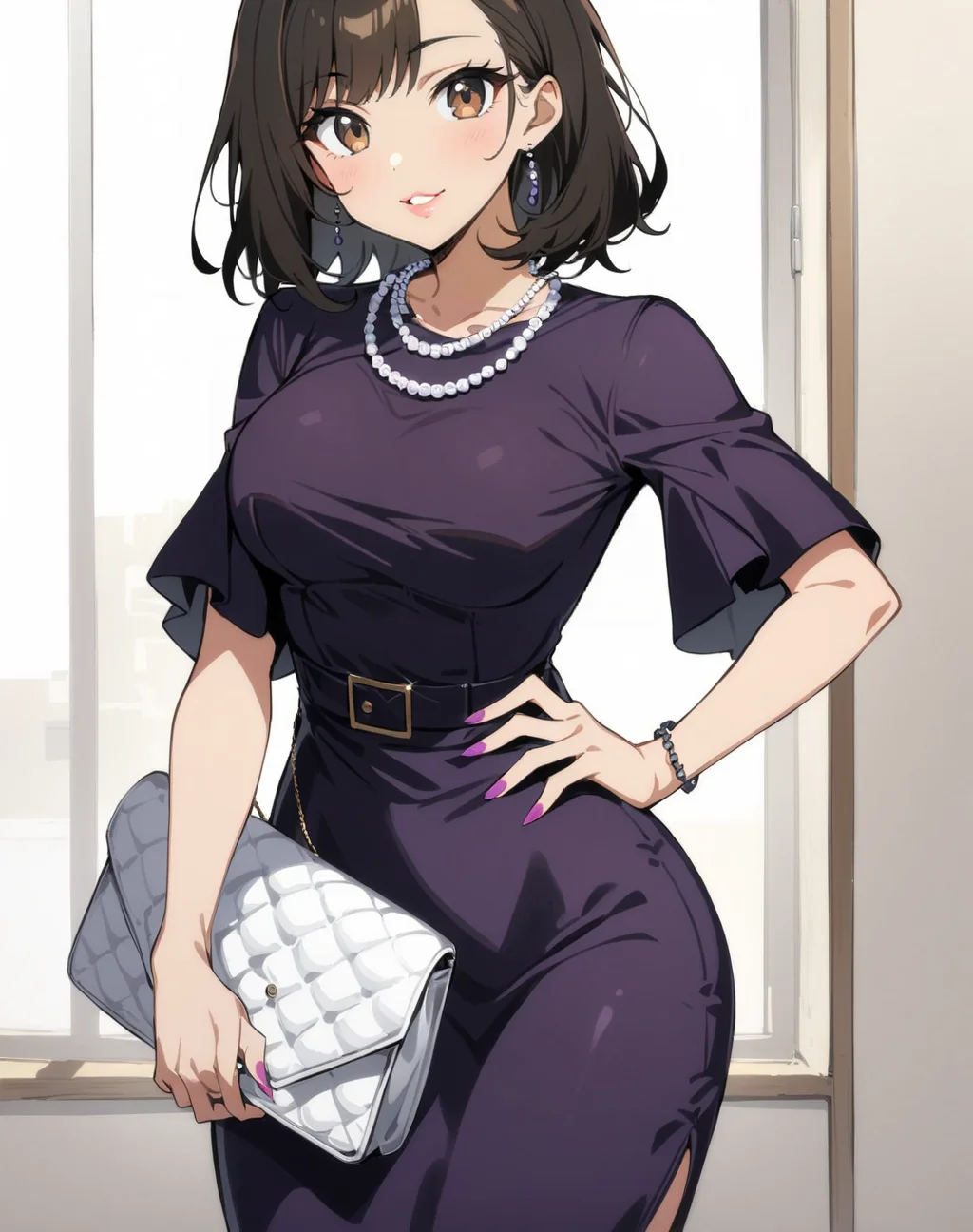 1girl,solo,smile,
parted lips,posing for a picture,standing, puffy lips,lipstick,source_anime,sexy pose,digital painting,looking at viewer,paintel nails, edgpdress, looking at viewer, brown hair, black hair, holding, brown eyes, jewelry, standing, parted lips, medium hair, necklace, bag, lips, hand on hip, purple dress, handbag, pearl necklace ,wearing edgpdress <lora:edgOfficeLadySDXL:0.9>
masterpiece,best quality,absurdres