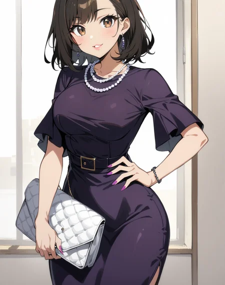 1girl,solo,smile,
parted lips,posing for a picture,standing, puffy lips,lipstick,source_anime,sexy pose,digital painting,looking at viewer,paintel nails, edgpdress, looking at viewer, brown hair, black hair, holding, brown eyes, jewelry, standing, parted lips, medium hair, necklace, bag, lips, hand on hip, purple dress, handbag, pearl necklace ,wearing edgpdress <lora:edgOfficeLadySDXL:0.9>
masterpiece,best quality,absurdres