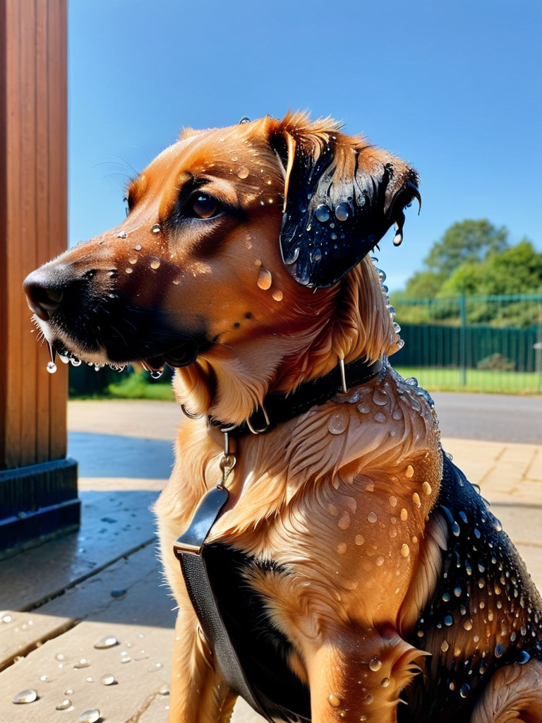 photo of ais-waterdrops dog, sat outside on a hot sunny day <lora:Waterdrops_Style_SDXL:1>