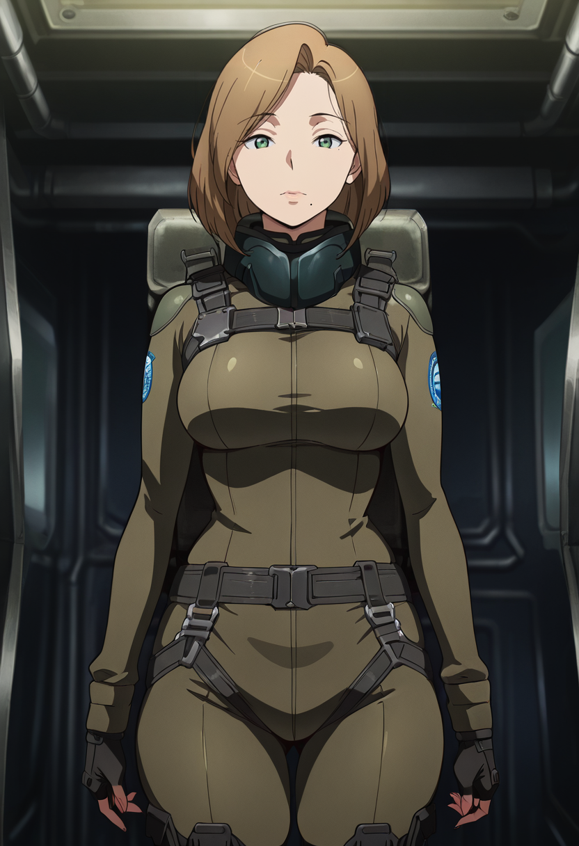 masterpiece, best quality, amazing quality, very aesthetic, absurdres, newest, illustration, perfect composition, intricate details, highres, anime coloring, 1girl, solo, (cowboy shot:1.2), darzanaww, mature female, green eyes, brown hair, medium hair, mole under mouth, aldnoahsuit, neck guard, breasts, black fingerless gloves, black combat boots, looking at viewer, shiny body, shiny skin, skindentation, clear skin, shiny hair, ultra detailed eyes, depth of field, sharp, intricate details, hyperdetailed, ultra-detailed, detailed clothing folds, high contrast, dynamic light <lora:Darzana_Magbaradge_Aldnoah_Zero_ill:1>