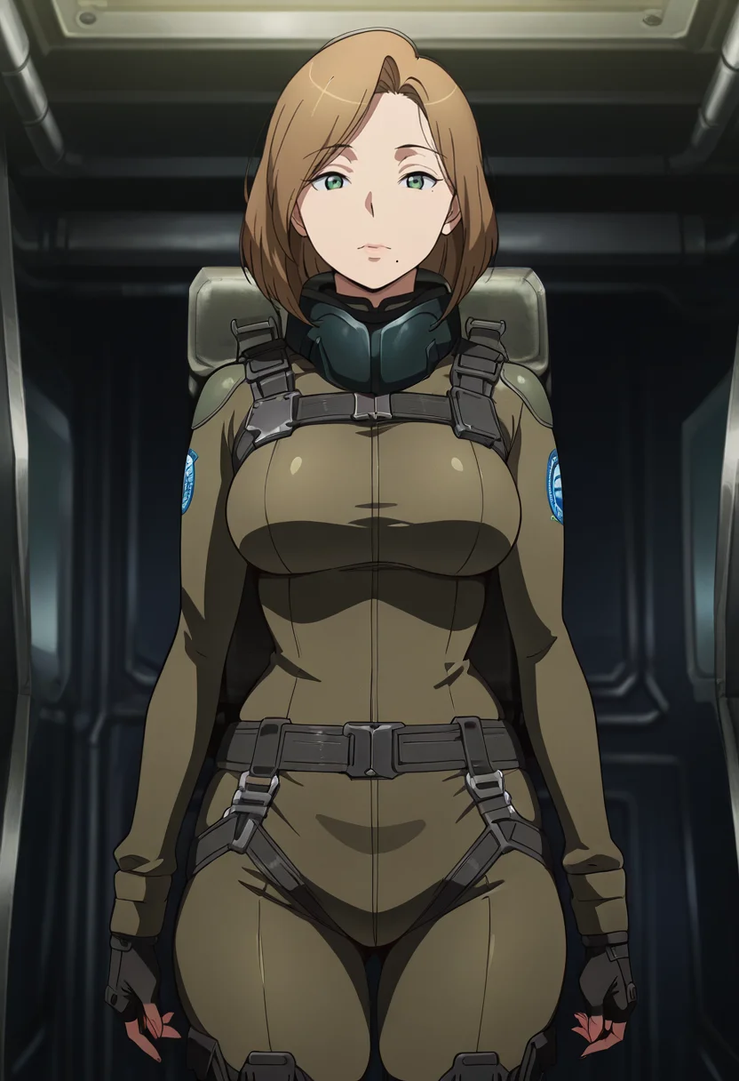 masterpiece, best quality, amazing quality, very aesthetic, absurdres, newest, illustration, perfect composition, intricate details, highres, anime coloring, 1girl, solo, (cowboy shot:1.2), darzanaww, mature female, green eyes, brown hair, medium hair, mole under mouth, aldnoahsuit, neck guard, breasts, black fingerless gloves, black combat boots, looking at viewer, shiny body, shiny skin, skindentation, clear skin, shiny hair, ultra detailed eyes, depth of field, sharp, intricate details, hyperdetailed, ultra-detailed, detailed clothing folds, high contrast, dynamic light <lora:Darzana_Magbaradge_Aldnoah_Zero_ill:1>