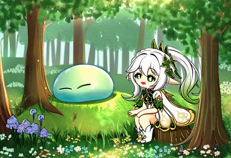 Nahida, genshin impact, dendro, dendro slime, forest, flowers, tree stump, greenery, sun