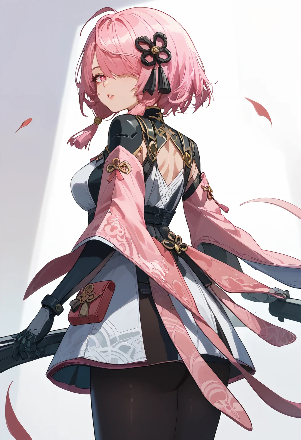 score_9,score_8_up,score_7_up,score_6_up,<lora:taoqi_xl_v2:1>taoqi-ww, 1girl, solo, pink hair, looking at viewer, breasts, pink eyes, hair ornament, hair over one eye, pantyhose, gloves, medium hair, short hair, bangs, simple background, mechanical arms, from behind, looking back, black pantyhose, parted lips