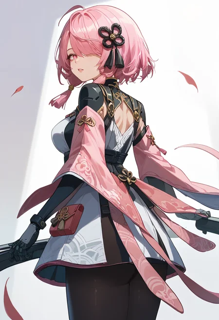 score_9,score_8_up,score_7_up,score_6_up,<lora:taoqi_xl_v2:1>taoqi-ww, 1girl, solo, pink hair, looking at viewer, breasts, pink eyes, hair ornament, hair over one eye, pantyhose, gloves, medium hair, short hair, bangs, simple background, mechanical arms,   from behind, looking back, black pantyhose, parted lips