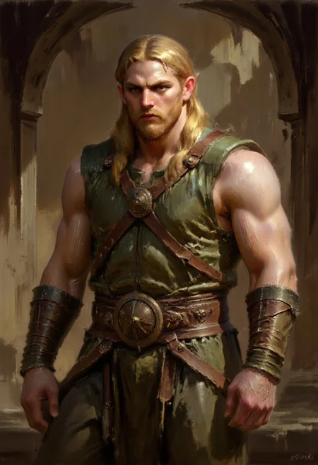 Dark-Fantasy-Cardd-V.2.0 style dark fantasy oil painting with detailed eyes that features a muscular male elf warrior, with long blonde hair and beard wearing a green leather armor