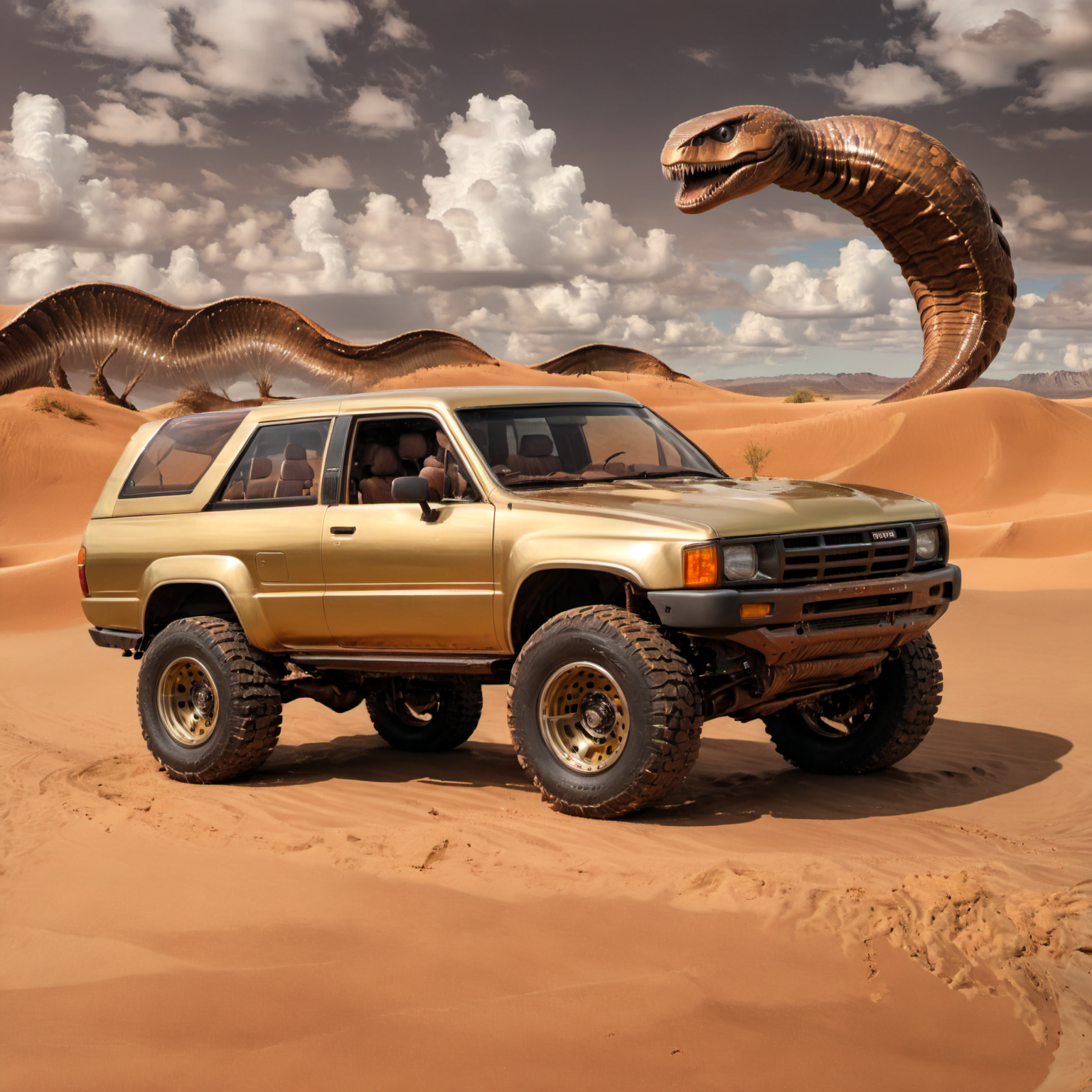 4runner1, motor vehicle with a ((gold):1.9) body, (quartering in view), science fiction, futuristic, 8k, uhd, dslr, perfect focus, (giant) (brown:3.9) (sandworm:1.9) from the movie (dune), <lora:4runner1_SDXL_v1:0.8> <lora:xl_more_art-full_v1:1.0>