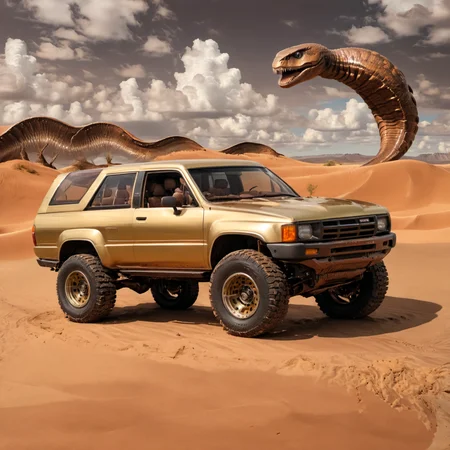 4runner1, motor vehicle with a ((gold):1.9) body, (quartering in view), science fiction, futuristic, 8k, uhd, dslr, perfect focus, (giant) (brown:3.9) (sandworm:1.9) from the movie (dune), <lora:4runner1_SDXL_v1:0.8> <lora:xl_more_art-full_v1:1.0>