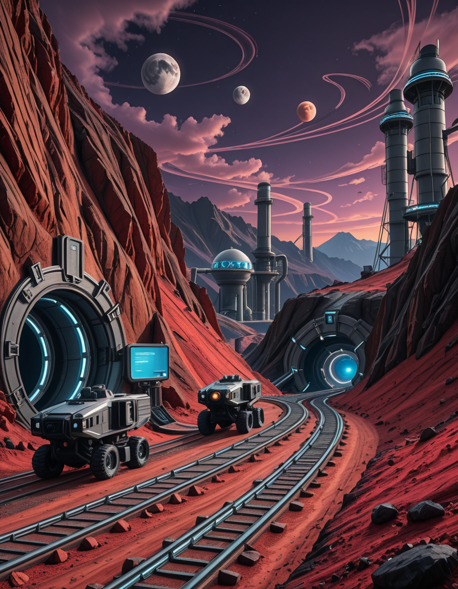 A futuristic mining outpost on a distant, rocky planet with a harsh, alien landscape. The mine entrance is a massive, reinforced metal tunnel carved into the side of a jagged, dark-red mountain. Advanced, glowing blue energy lights line the entrance, illuminating the metallic tracks that lead deep underground. Large, heavily-armored mining vehicles with mechanical arms and drills are stationed nearby, extracting rare minerals from the rock. The ground is covered in fine, reddish dust, kicked up by the movement of autonomous robotic drones that transport ore to a towering industrial refinery in the background. The sky is a deep, dark purple with swirling clouds and two distant moons casting a cold, eerie glow. In the distance, futuristic habitation domes with transparent walls house workers in protective exosuits, their silhouettes visible inside. A neon-lit control tower monitors operations, its holographic screens displaying real-time data. The atmosphere is both desolate and technologically advanced, evoking a sense of exploration and survival on the edge of the galaxy.
<lora:SDXLFaeTastic2400:0.4> <lora:extremely_detailed:0.4> extremely detailed,futuristic mining 0utp0st, <lora:futuristic_mining_0utp0st-i:1>, Masterpiece,best quality,hi res,8k,hi res,8k,award winning,(sharp focus, intricate, highly detailed),