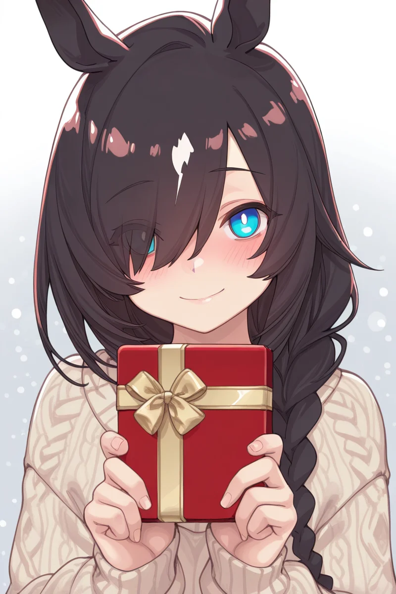 masterpiece, best quality, amazing quality,
 <lora:SloBid_IL:1> slobid, 1girl, gift, solo, animal ears, holding, horse ears, long hair, braid, holding gift, smile, blush, black hair, looking at viewer, gift box, sweater, hair over one eye, closed mouth