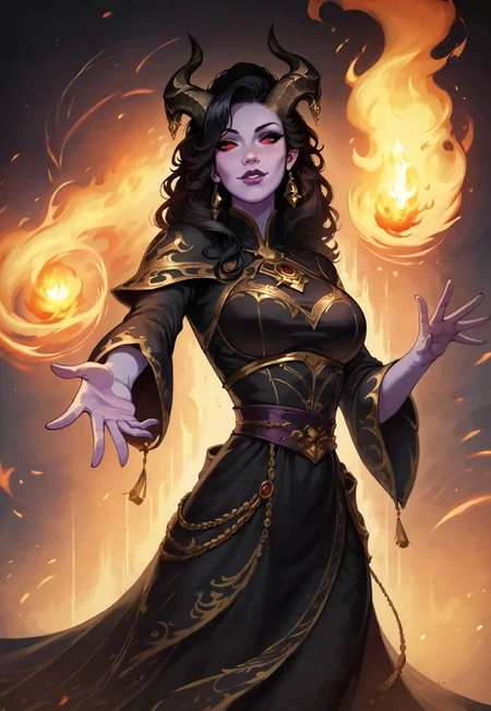 safe_pos, score_9, score_8_up, score_7_up, score_6_up, score_5_up, score_4_up, grimdark, w4rh4mm3r style oil painting, waist-up, eye contact, looking at viewer, source_anime, traditional art, lineart, rating_safe, zPDXL, clear red eyes,(4k quality, masterpiece):1.4),( best quality:1.1), (magic, outstretched arm, aura, fire), dark fantasy, mature  goth tiefling woman focus on upper body, black dress, black hair, purple skin, horns, seductive look, seductive, ExpressiveH, 