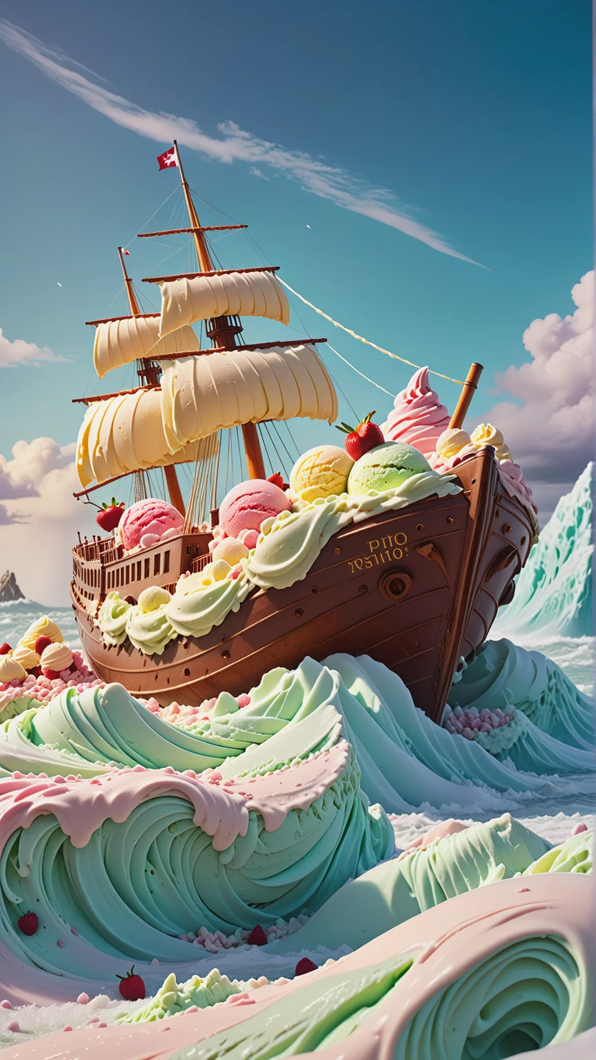 <lora:Gelato_Style_XL:1>GelatoStyle wreckage of a ship floating amidst a raging sea storm, phantom crew aboard, made from gelato ice cream, (Masterpiece:1.3) (best quality:1.2) (high quality:1.1)