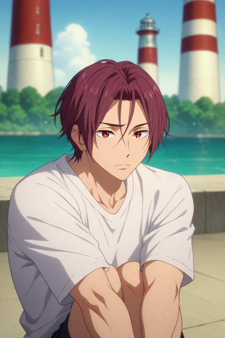 score_9, score_8_up, score_7_up, source_anime, anime screencap, , , looking at viewer, upper body, depth of field, 1boy, solo, male focus, <lora:rin_matsuoka_pony:0.86>, rin_matsuoka, , , lighthouse, Arms wrapped around knees, showing vulnerability, <lora:sdxl_lightning_8step_lora:1>