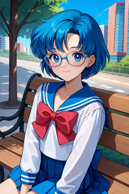 score_9, score_8_up, score_7_up, score_6_up, source_anime, 1girl, solo, <lora:sailormercury-pdxl-nvwls-v1-000005:1> slrmc, blue hair, short hair, blue eyes, earrings, white shirt, blue sailor collar, red bowtie, long sleeves, blue skirt, pleated skirt, school uniform, smile, blue sky, sitting, park bench, city, looking at you, smile, blush, glasses