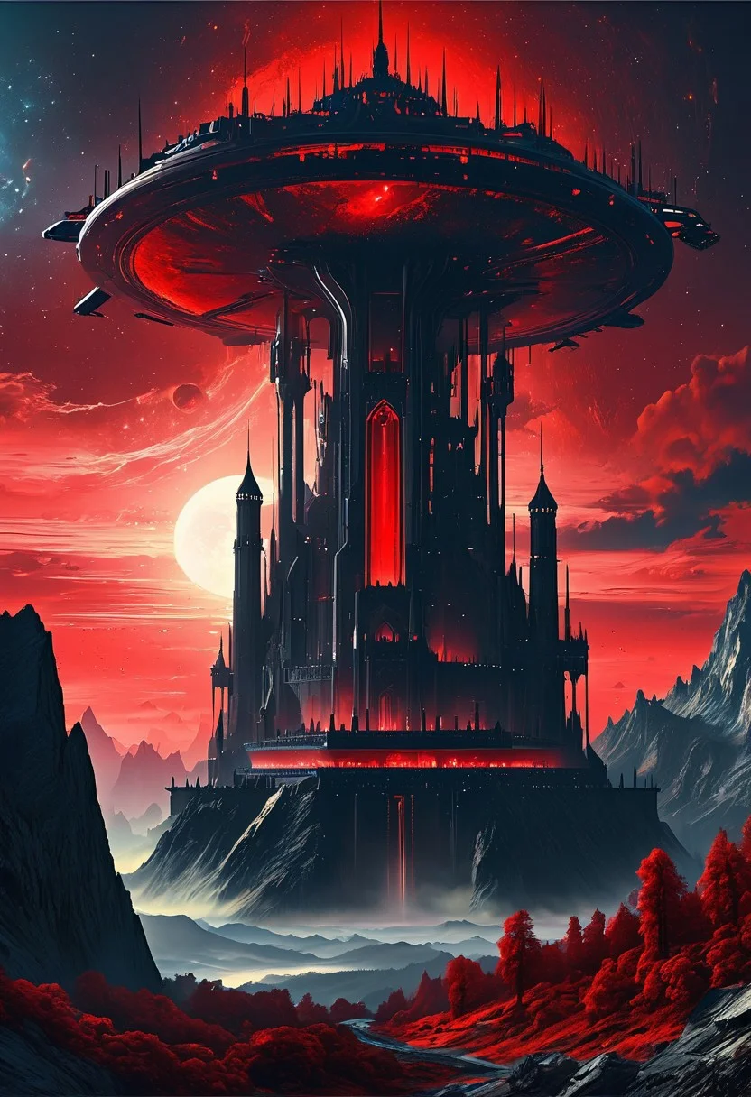 A captivating night scene illustration featuring a forboding and haunted futuristic space base on a great  great mountain. The great technologically advanced base and mountain are much like Neuschwanstein Castle in Bavaria.  This enchanting artwork captures a dark and ominous night, where an ominous red bloodmoon hangs above and over the  tree covered mountain range and advanced space fortress which  stands resolute amidst the great mountains, winged flying spaceships flying around, creating a cinematic experience., illustration, cinematic
<lora:DonM3t3rn1tyXL-v1.1:0.7>, DonM3t3rn1tyXL,
OverallDetailXL  <lora:MJ52:0.3>  <lora:SDXLFaeTastic2400:0.4>  <lora:EpicF4nta5yXL:0.7>
