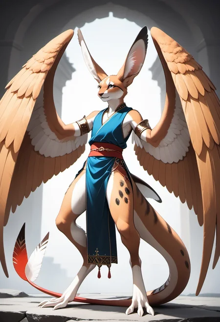1person, Palagiri, anthro, feline features, feline nose, large ears, ((wings)), ((armless)), perfect wings,
3/4 view, perfect wings, ((prehensile toes, long toes)), ((feathers-tipped tail, fanned tail-tip, tapering-tip tail)),
digitigrade legs, pelvic curtain tunic,
Source: anime, score: 9, score: 8up,