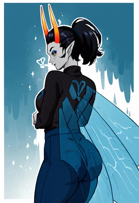 score_9, score_8_up, score_7_up, HD, goodbyeyellow, cartoon, simple shapes, solo, 1girl, seen from behind, ass focus, presenting rear, muscah, black hair, long hair, ponytail, horns, antennae horns, pointy ears, makeup, coloured skin, grey skin, coloured sclera, yellow sclera, insect wings, blue eyes, large breast, long sleeves, black sweater, black turtleneck, symbol on sweater, fly \(symbol\), jeans, blue pants, tight pants in luxury office, bubble butt, big butt, light particles, dim light,