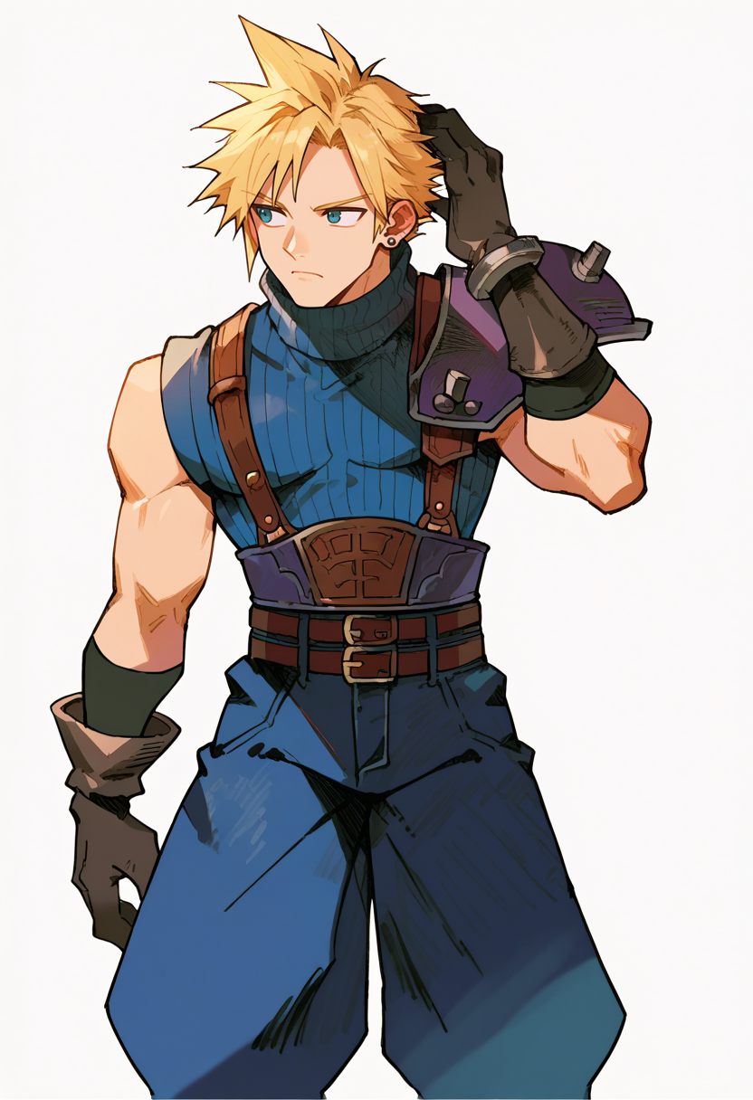 score_9, score_7_up, BREAK, solo, 1boy, <lora:MVC2_GLoRA-pdxl_Fp:1>, simple background, <lora:cloudstrife-pdxl-nvwls-v1:0.8>, defCloud, blonde hair, single earring, suspenders, shoulder armor, sleeveless turtleneck, belt, baggy pants, blue pants, gloves, boots, hand on head,