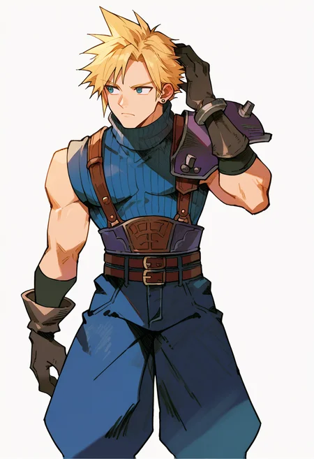 score_9, score_7_up, BREAK, solo, 1boy, <lora:MVC2_GLoRA-pdxl_Fp:1>, simple background, <lora:cloudstrife-pdxl-nvwls-v1:0.8>, defCloud, blonde hair, single earring, suspenders, shoulder armor, sleeveless turtleneck, belt, baggy pants, blue pants, gloves, boots, hand on head,