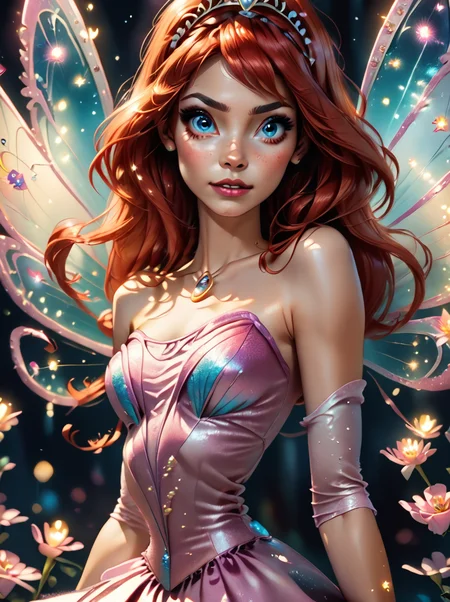 score_9, score_8_up, score_7_up,
<lora:WinxAndTrixPony:0.8>,winxtrix,
1 girl, solo, long red hair, blue eyes, wearing a sparkling blue and pink fairy dress,white tiara, elaborate fairy wings, teenage, cheerful expression, pale skin, magical aura, surrounded by fiery sparkles.