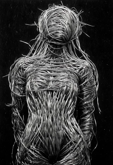 grignani, striped barbwire, made of thick bold lines, perfect aligned lines, In a desolate and ruined landscape, a solitary figure is completely ensnared in barbed wire. The sharp, twisted metal coils tightly around their body, piercing the flesh and rendering movement impossible. Only their face, contorted with sheer terror, remains visible. The once hopeful eyes now reflect a harrowing blend of pain and despair, silently pleading for an end to the torment. The surrounding environment, devoid of life and hope, amplifies the hopelessness of the scene, painting a grim picture of a world where suffering is inescapable.