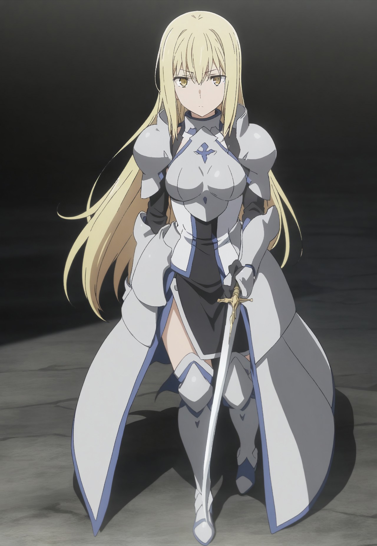 a1s, blonde hair, yellow eyes, collarbone, long hair, closed mouth, expressionless, armor, holding sword, sword, full body, BREAK source_anime, best quality, masterpiece, ng_deepnegative_v1_75t, easynegative