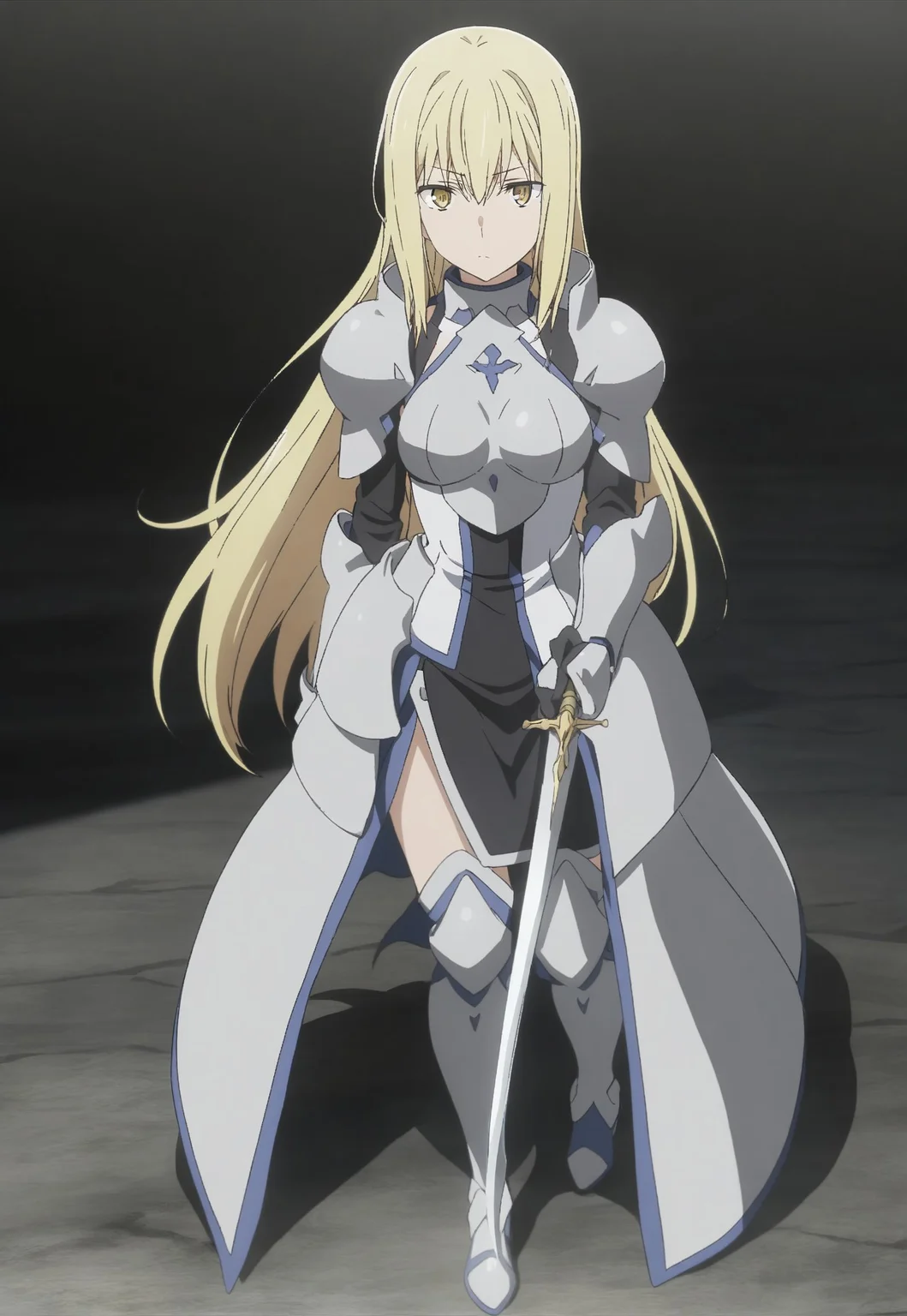 a1s, blonde hair, yellow eyes, collarbone, long hair, closed mouth, expressionless, armor, holding sword, sword, full body, BREAK source_anime, best quality, masterpiece, ng_deepnegative_v1_75t, easynegative