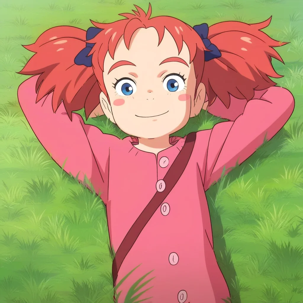 score_9, solo, mary, red hair, blue eyes, twintails, blush stickers, lying on back, grass, smiling, hands behind head