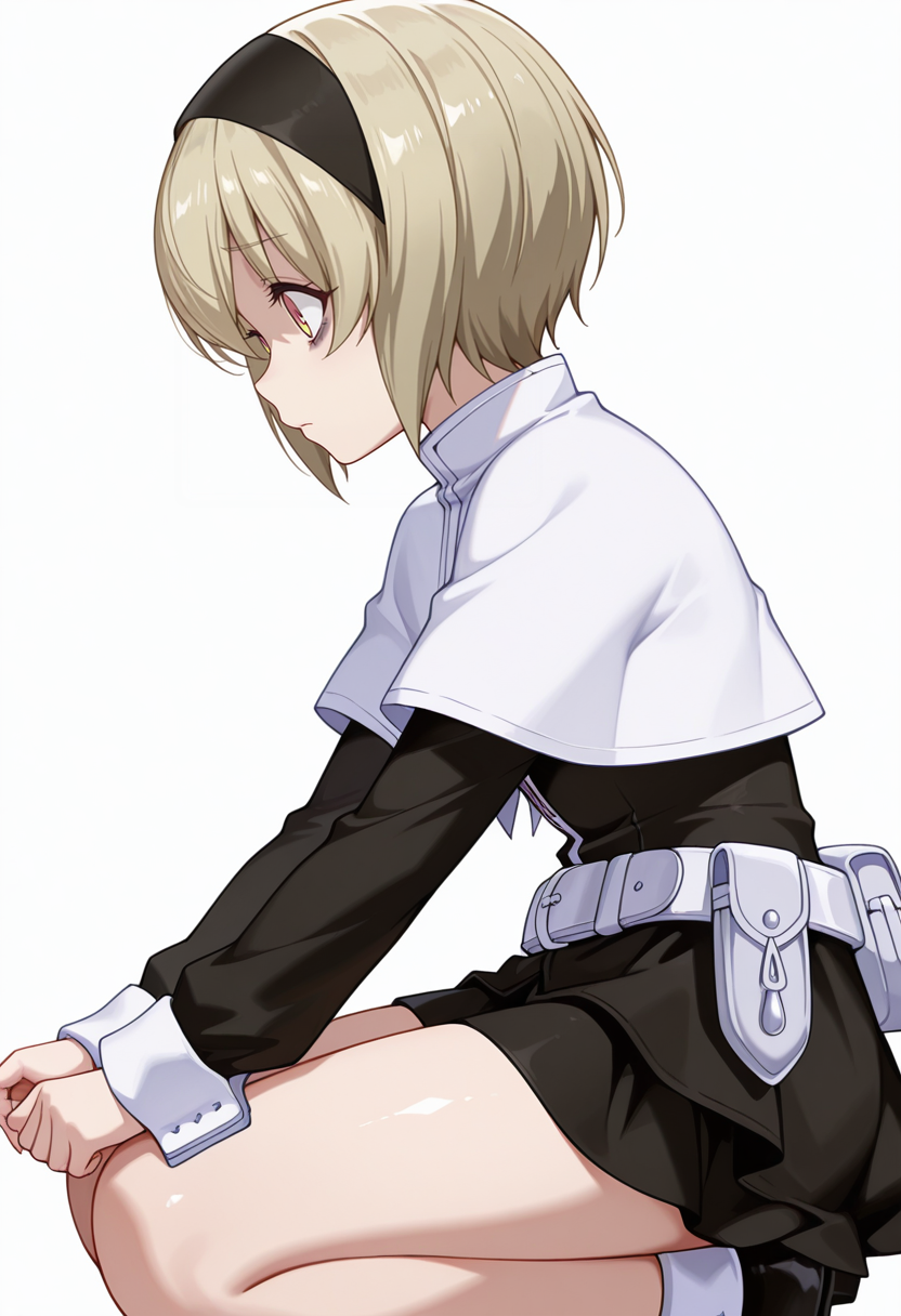 Smooth Quality,masterpiece,very intricate, high quality details, ultra realistic, high detailed skin,detailed enviorement,absurdres,
beckoning,
 <lora:Pekora_CNR:0.8> pekora_cnr, 1girl, blonde hair, short hair, bangs, yellow eyes, multicolored eyes, shiny hair black hairband,bags under eyes,pekora_def_cnr, black dress, white capelet, black skirt,white belt, long sleeves, shoes, pouch,, scared,, simple background, white background, from side,solo,