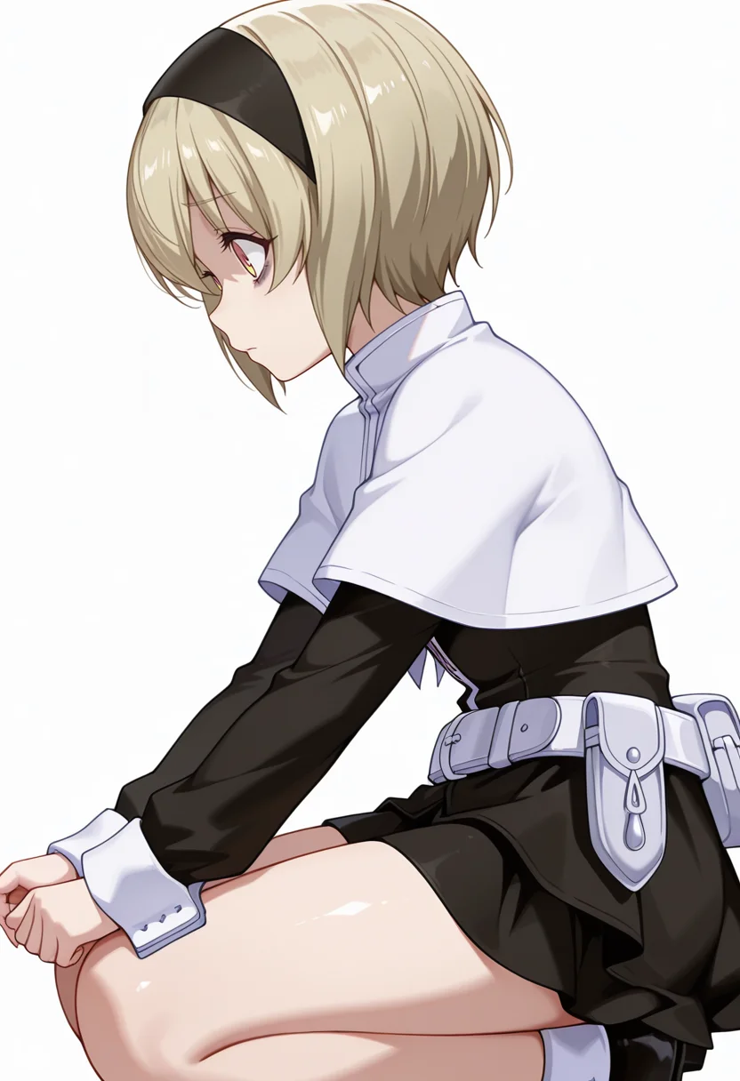 Smooth Quality,masterpiece,very intricate, high quality details, ultra realistic, high detailed skin,detailed enviorement,absurdres,
beckoning,
<lora:Pekora_CNR:0.8> pekora_cnr, 1girl, blonde hair, short hair, bangs, yellow eyes, multicolored eyes, shiny hair black hairband,bags under eyes,pekora_def_cnr, black dress, white capelet, black skirt,white belt, long sleeves, shoes, pouch,, scared,, simple background, white background, from side,solo,