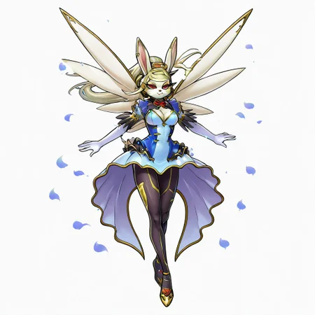 Marshma110w,1girl,solo,furry female,rabbit girl,rabbit ears,blonde hair,long hair,red eyes,animal nose,whiskers,body fur,white fur,rabbit tail,animal feet,gold high heels, black pantyhose, gold headset, gold hair tubes, blue dress, white elbow gloves, spread wings, blue petals, official style, gold frame, official art,