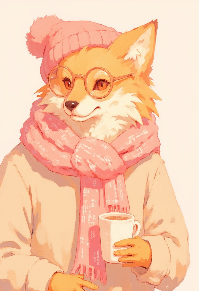 A shiba inu hipster wearing a beanie and a scarf. Holding a coffee in its paw,soft pastel anime