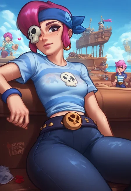 (score_9, score_8_up, score_7_up), 1girl, young adult,(Penny, brawl stars ) small breasts, slim fit, small waist, sexy, perfect eyes,
bspenny , pink hair , short hair, black eye , bandana, one eye covered , skull ,hairband , eyepatch,
striped shirt, belt,black pants,
Pirate ship, Ship, deck, blue sky,
Wet skin, glossy, pretty girl, focus on girl, aesthetic,