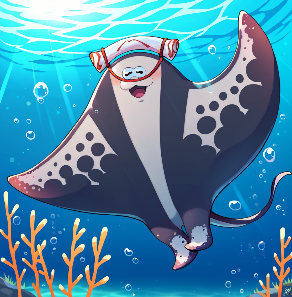 score_9, score_8_up, score_7_up, score_6_up, score_5_up, score_4_up, big man, splatoon, manta ray, dark grey and light grey body, fins, headwear, cute face, :3, swimming in the ocean, swimming, underwater background, looking at viewer,
 <lora:Big_Man_Splatoon_PonyXL:1> big man