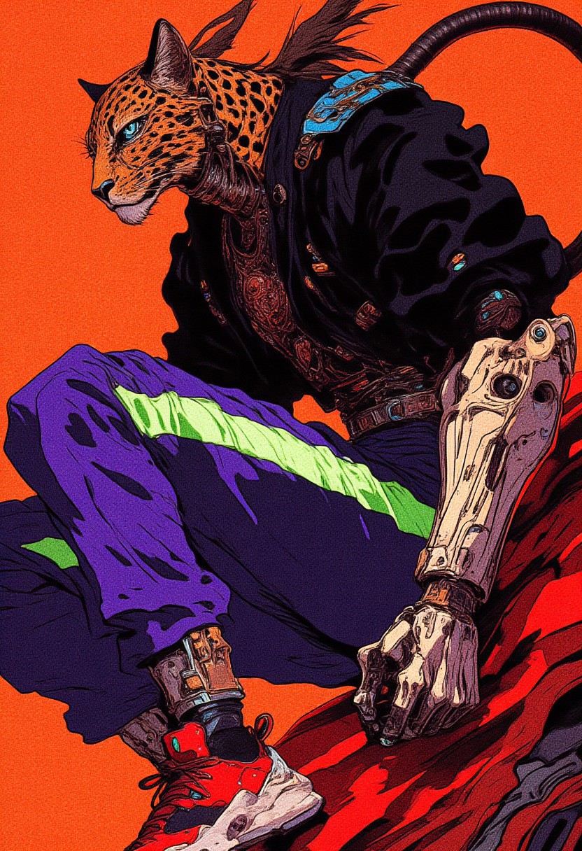This is a vibrant, high-quality digital drawing of a stylized anthropomorphic leopard character in a dynamic, action-ready pose, HD, 8K quality, ultra-detailed, masterpiece artwork, flawless anatomy. The leopard exudes a fierce, focused expression, its sharp eyes and slightly open mouth hinting at determination. Dressed in a sleek black jacket with refined textures and bold black accents, the chest features a subtle metallic "BALENCIAGA" logo, adding a touch of luxury to its edgy, modern fashion. The trousers are purple, accentuated by a striking lime green vertical stripe running flawlessly from waist to ankle, injecting bold contrast into the ensemble. Completing the streetwear-inspired look are red and white sneakers with black accents, adding a dynamic and contemporary flair. Its left hand is a futuristic, mechanical prosthetic of gleaming metal, detailed with glowing blue circuits and intricate gears, perfectly complementing the character’s anthropomorphic form. The leopard’s spotted tail curves gracefully, adding fluidity to the powerful pose. The background is an intense orange, brought to life by angular, indefinite-shaped patterns crafted entirely from radiant neon dots and lines, evoking a retro-futuristic aesthetic. This masterful composition seamlessly combines vibrant colors, dramatic contrasts, and intricate details for a bold, visually captivating artwork.