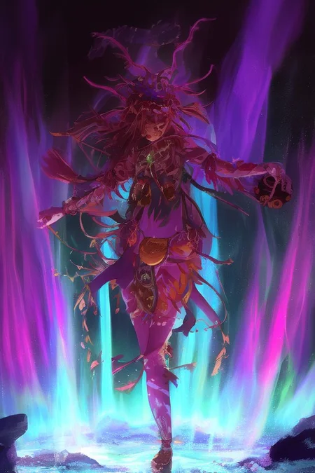 A shaman girl dances in the snow, beats a tambourine. A very big speech bubble above the reads, "HGreat spirit father, give me buzz". The night sky with the aurora borealis (An image with very contrasting and vivid psychedelic colors)