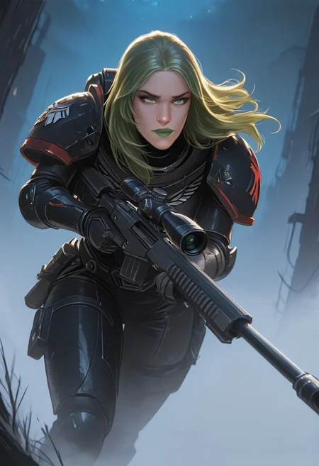 masterpiece, best quality, high quality, newest, highres,8K,HDR,absurdres, dynamic angle, realistic, 1girl, wearing edgRG_(power armor), pauldrons, raven emblem, solo, 1girl, Polaris,  long hair, green hair, green eyes, green lips, holding a sniper, silhouette, DMZ, creepy, backlit, haunted, night sky, fog, mist, cold, dutch angle, dark outside, solo, close up, mid shot, dutch angle, <lora:edgIllustriousXL_Raven_Guard:1>